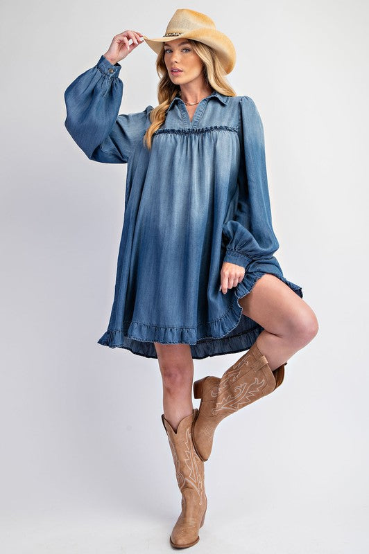 Washed Denim Ruffle Bottom Dress Dark