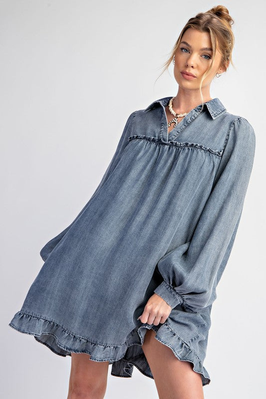 Washed Denim Ruffle Bottom Dress Washed