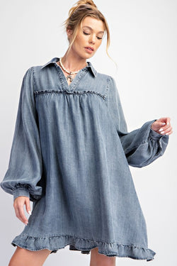 Washed Denim Ruffle Bottom Dress Washed