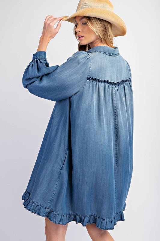 Washed Denim Ruffle Bottom Dress Dark