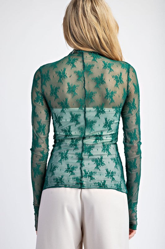 Long Sleeve Floral Lace Top Emerald