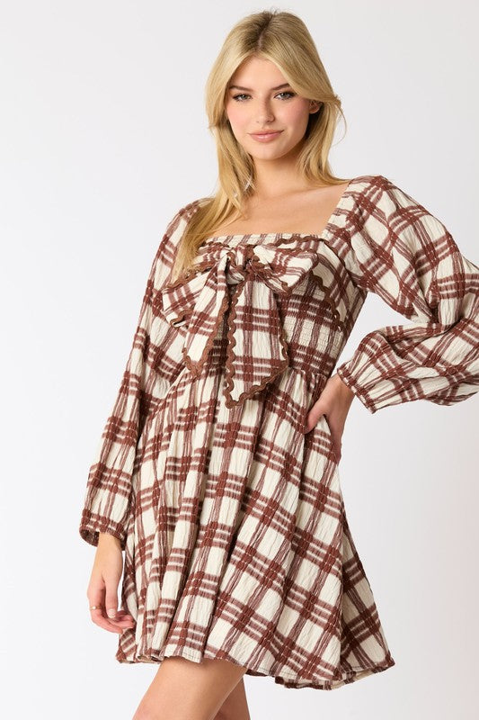 Check Pattern Tied Mini Dress Brown