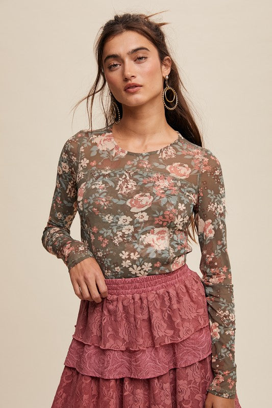 Floral Print Mesh Fitted Top Olive