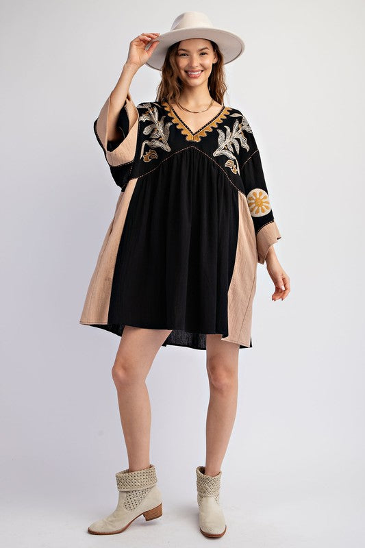 Embroidered Detail Woven Dress Black