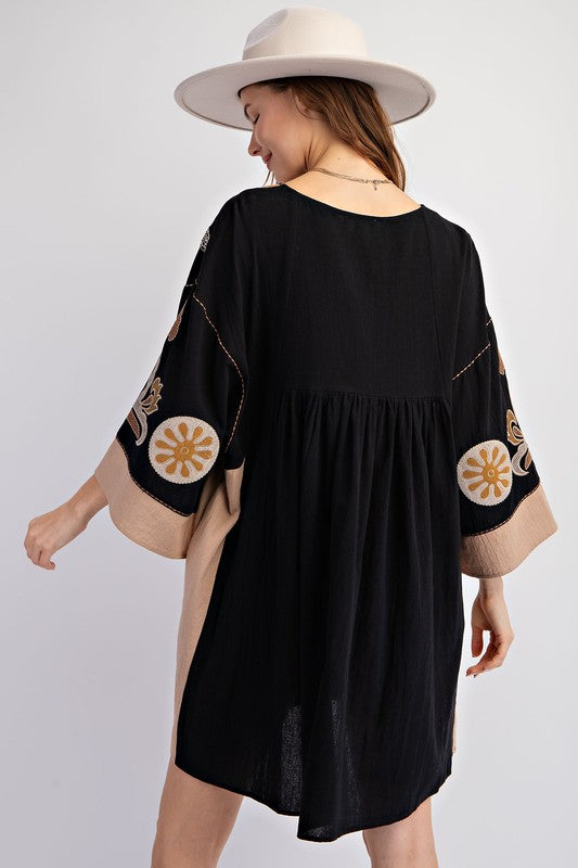 Embroidered Detail Woven Dress Black