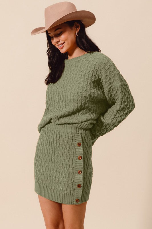 Cable Knit Sweater Skirt Set Olive