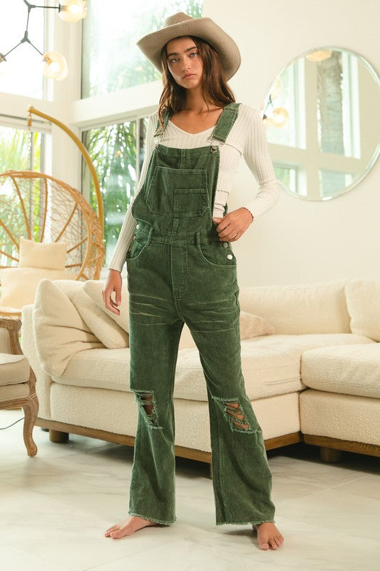 Distressed Cordurory Overalls Olive