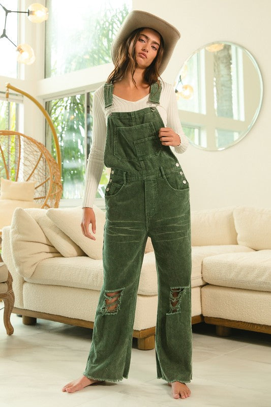 Distressed Cordurory Overalls Olive