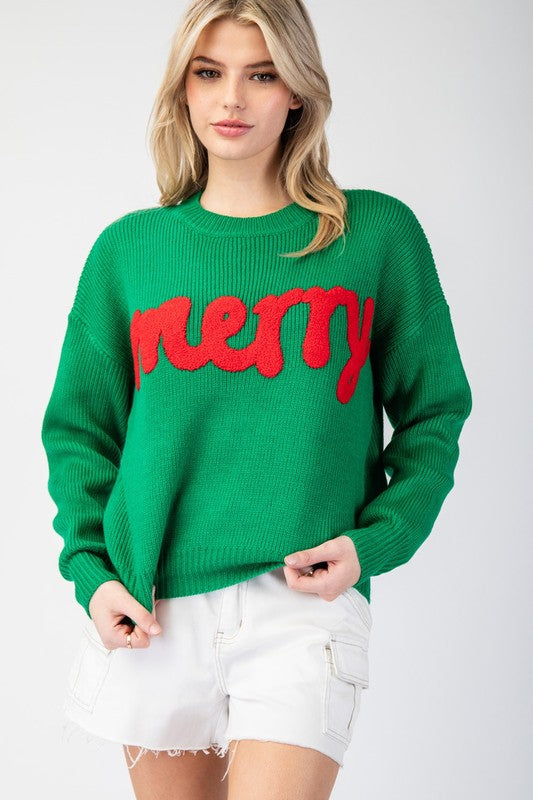 Merry Letter Stitch Sweater Hunter Green