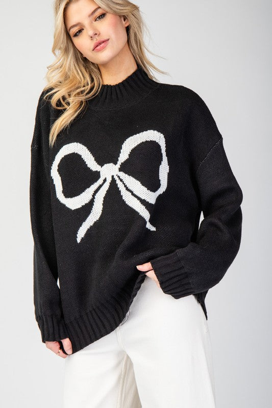 Ribbon Mock Neck Sweater Top Black