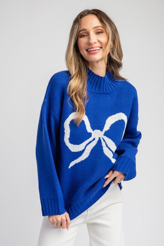 Ribbon Mock Neck Sweater Top Royal Blue