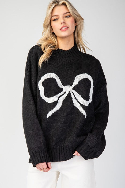 Ribbon Mock Neck Sweater Top Black