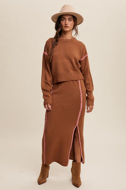 Contrast Stitch Knit Sweater Skirt Set Mocha