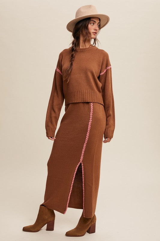 Contrast Stitch Knit Sweater Skirt Set Mocha