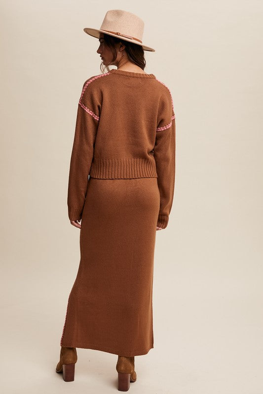 Contrast Stitch Knit Sweater Skirt Set Mocha