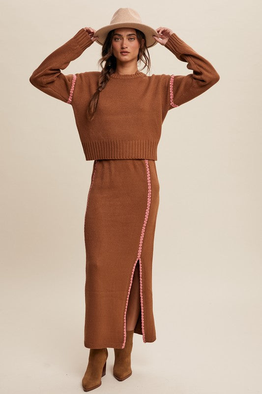 Contrast Stitch Knit Sweater Skirt Set Mocha