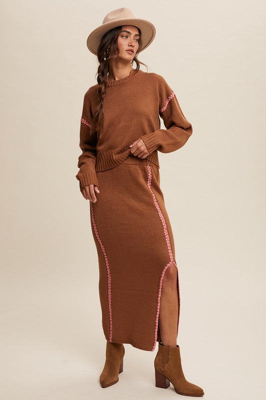 Contrast Stitch Knit Sweater Skirt Set Mocha