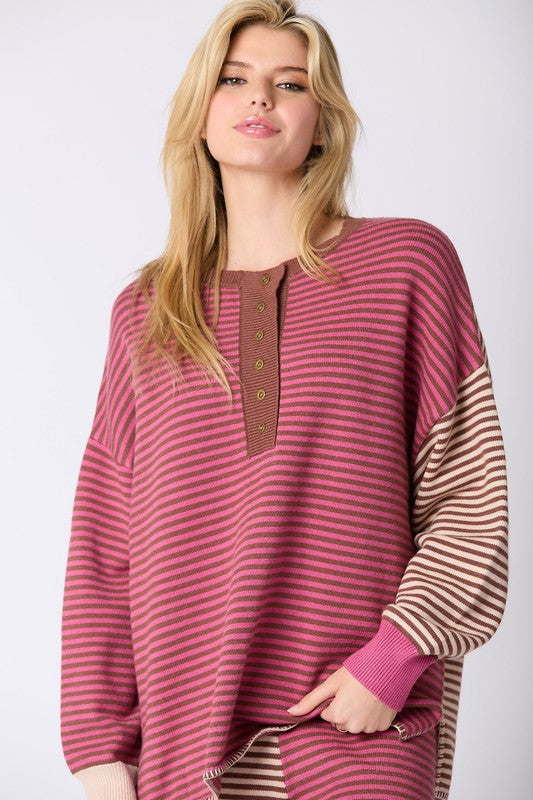 Multi Color Stripe Loungewear Top Berry/Brown