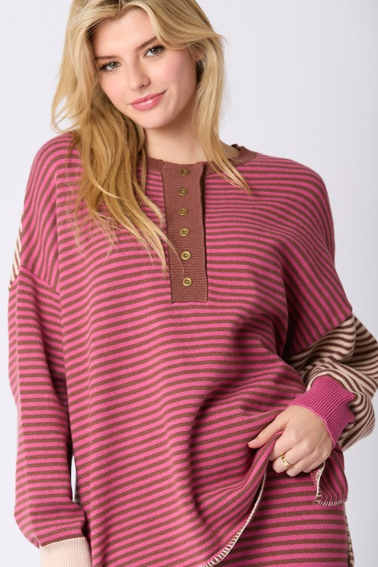 Multi Color Stripe Loungewear Top Berry/Brown