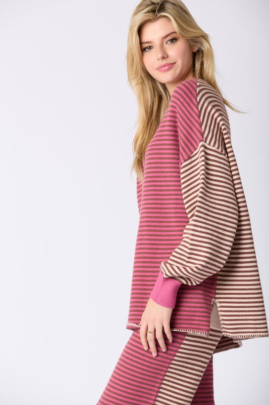 Multi Color Stripe Loungewear Top Berry/Brown