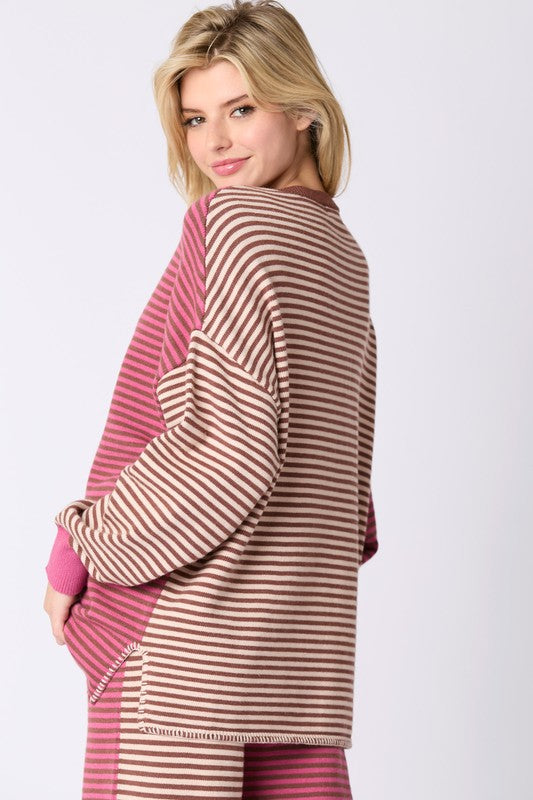 Multi Color Stripe Loungewear Top Berry/Brown