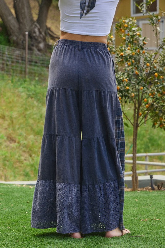 Acid Washed Tired Palazzo Pants Washed Navy