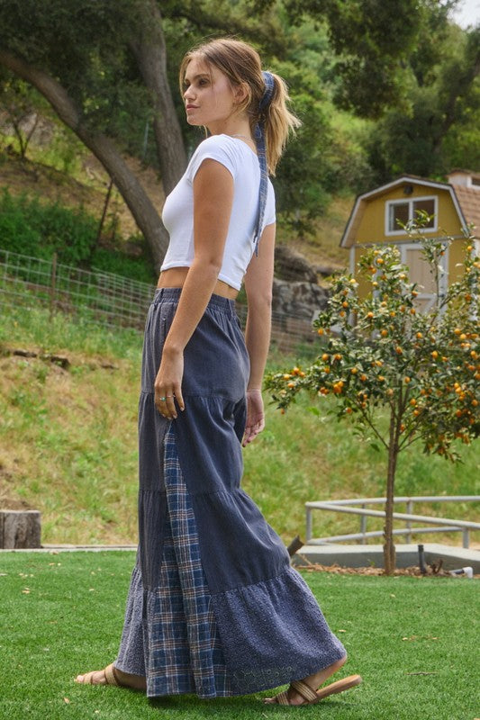 Acid Washed Tired Palazzo Pants Washed Navy