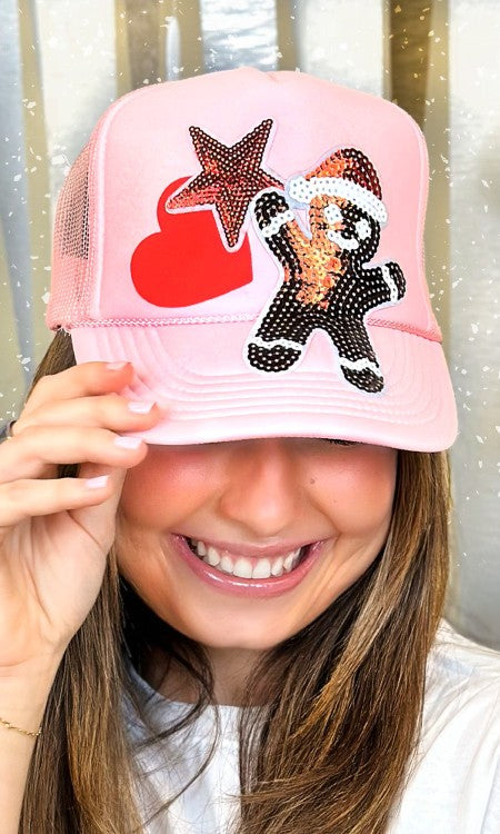 Gingerbread Sequin Patch Trucker Hat Light Pink