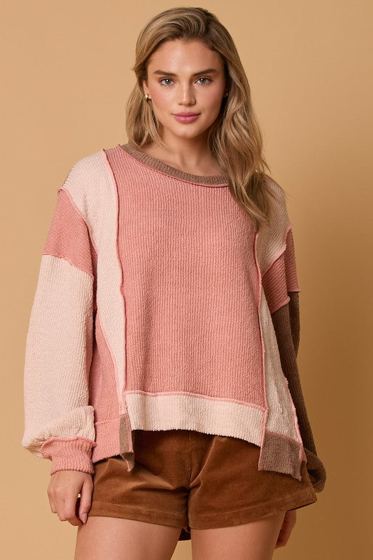 Color Block Heavy Knit Top Salmon