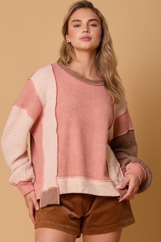 Color Block Heavy Knit Top Salmon