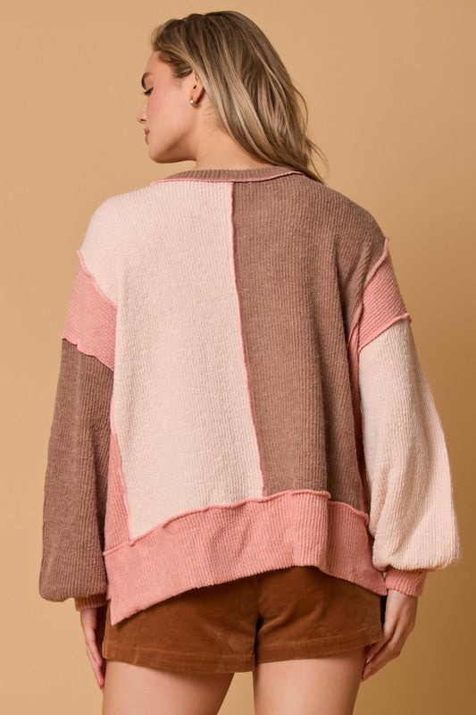 Color Block Heavy Knit Top Salmon