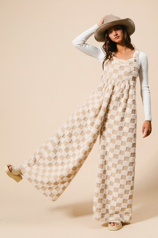 Checker Sherpa Wide Leg Overalls Ivory