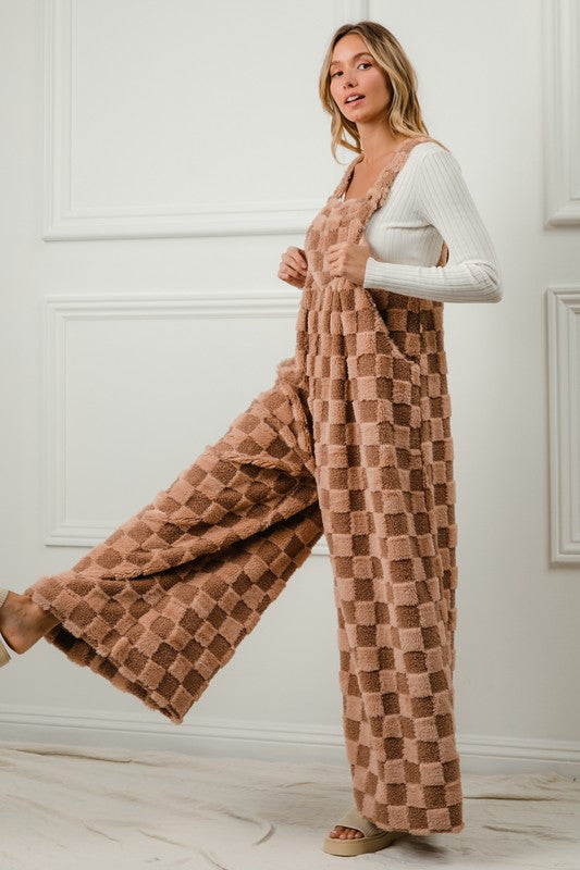 Checker Sherpa Wide Leg Overalls Mocha