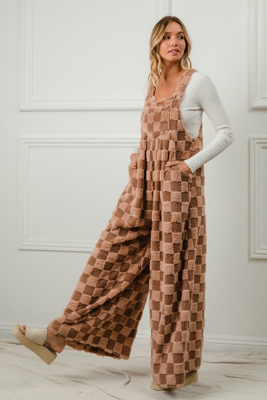 Checker Sherpa Wide Leg Overalls Mocha