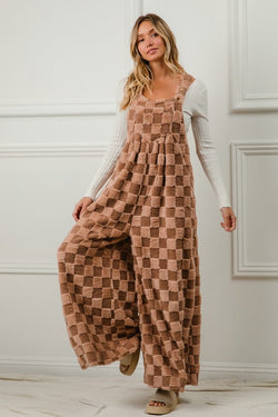 Checker Sherpa Wide Leg Overalls Mocha