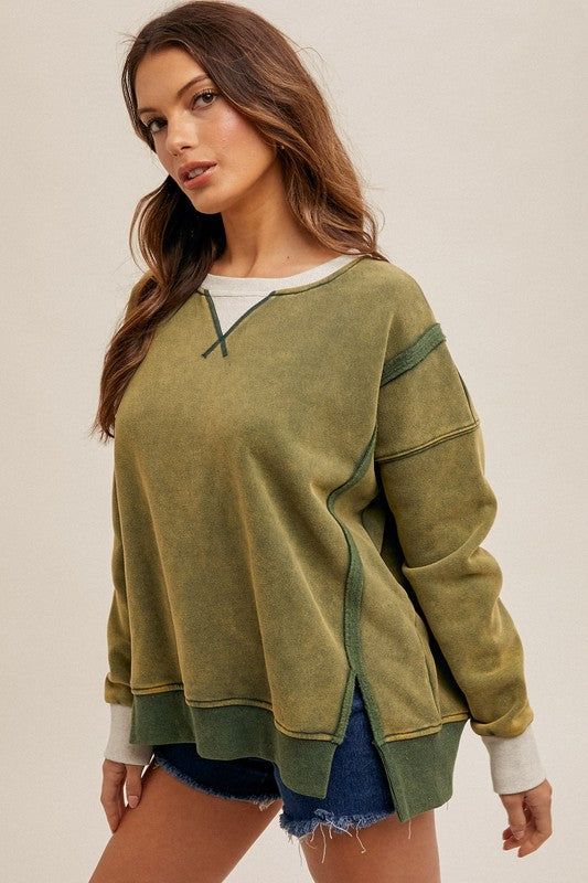 Color Block Snow Wash Sweatshirt Moss Green