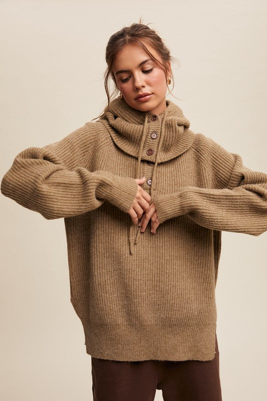 Detached Hood Button Knit Sweater Olive