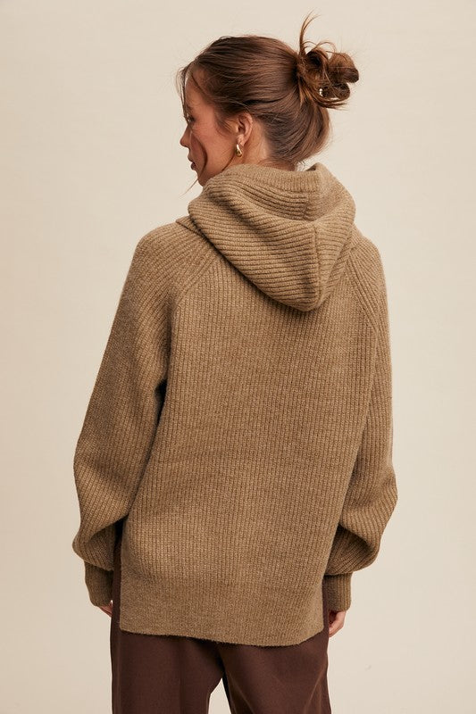 Detached Hood Button Knit Sweater Olive