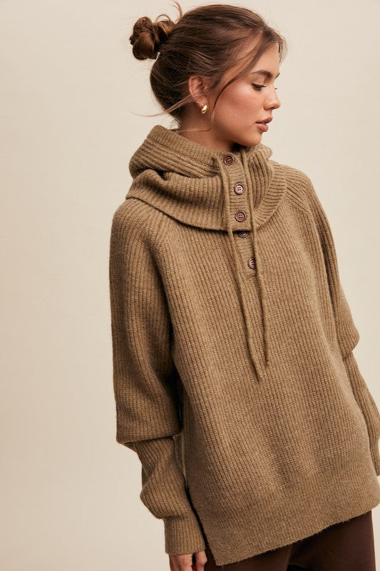 Detached Hood Button Knit Sweater Olive