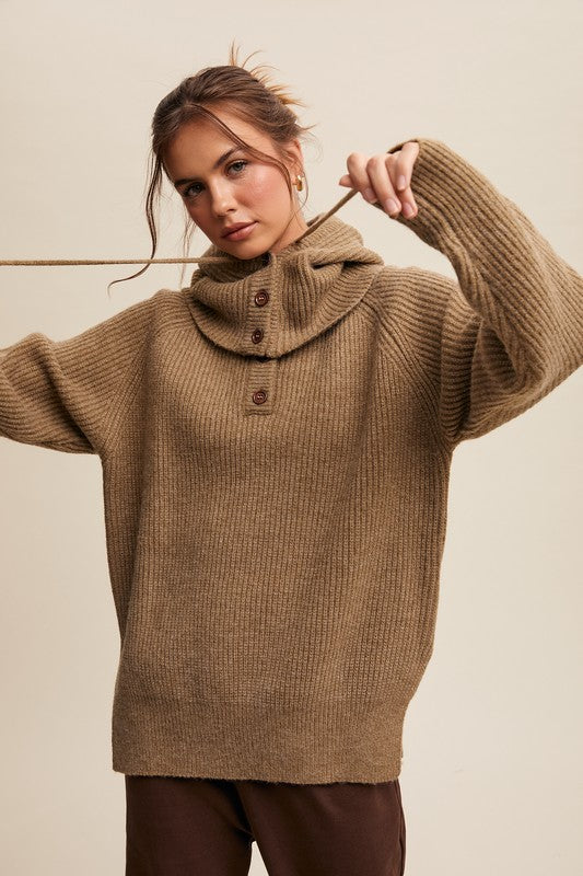 Detached Hood Button Knit Sweater Olive