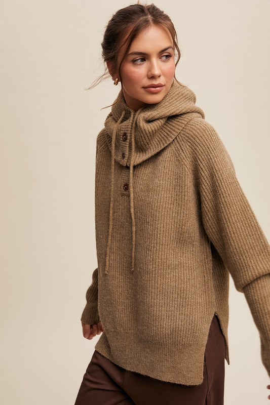 Detached Hood Button Knit Sweater Olive