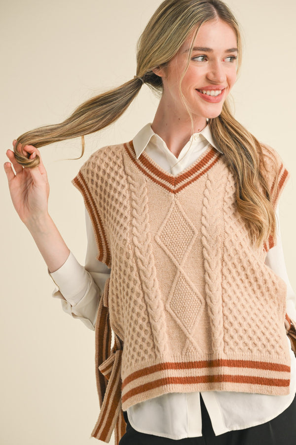 V-Neck Side Tie Sweater Vest Taupe