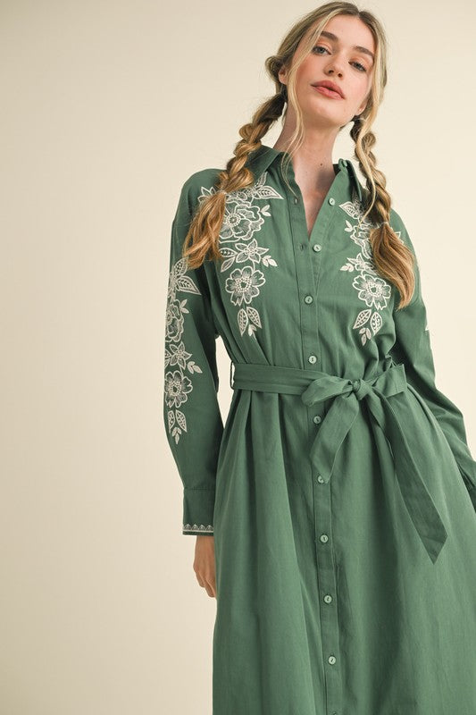 Floral Embroidered Midi Dress Hunter Green