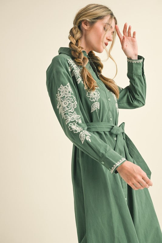 Floral Embroidered Midi Dress Hunter Green