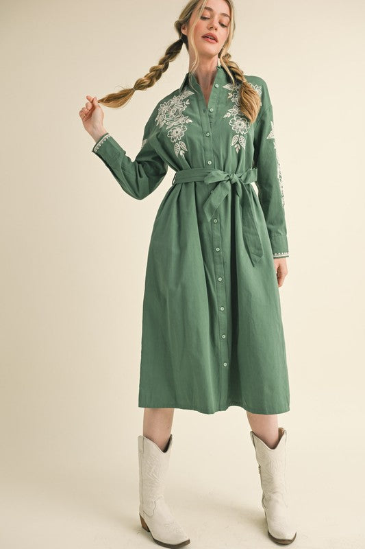 Floral Embroidered Midi Dress Hunter Green