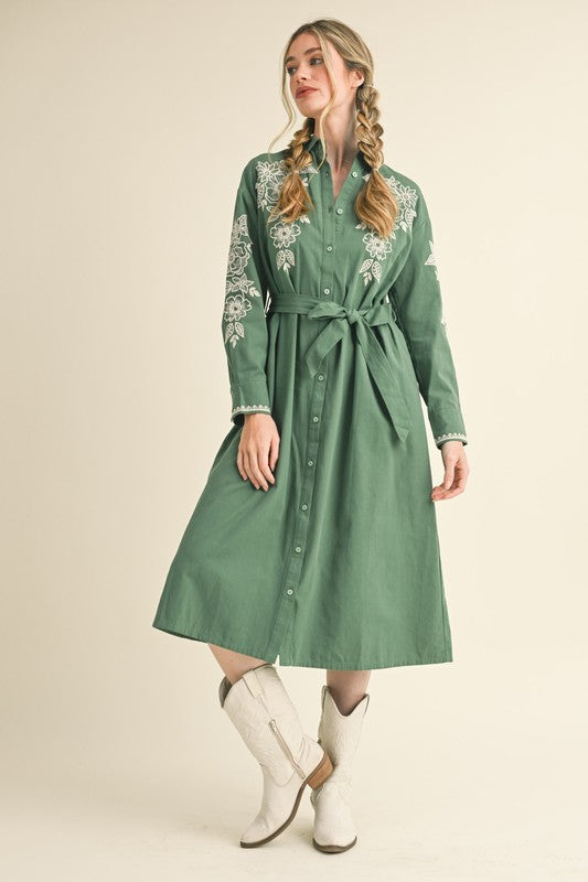 Floral Embroidered Midi Dress Hunter Green