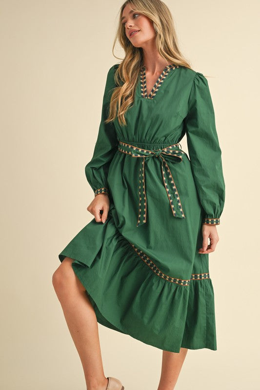 Embroidered Puff Sleeve Midi Dress Hunter Green