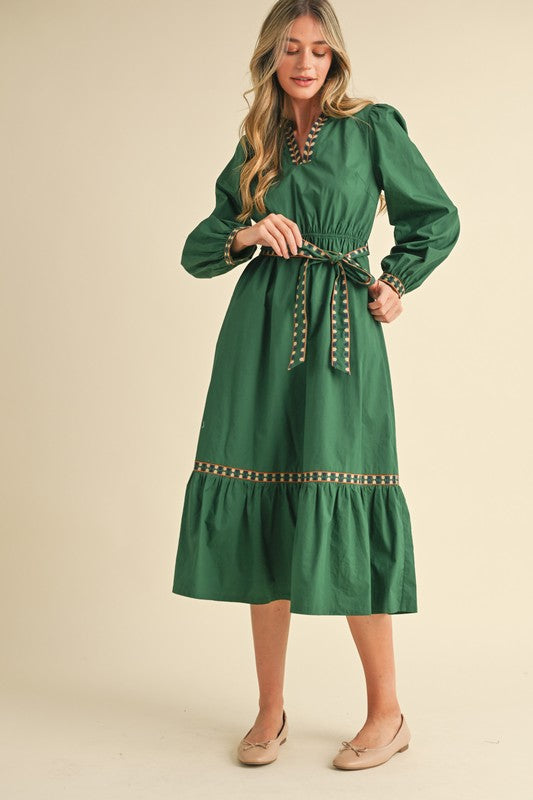 Embroidered Puff Sleeve Midi Dress Hunter Green