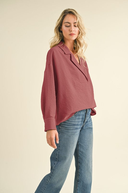 Collared Drop Shoulder Top Berry Rose