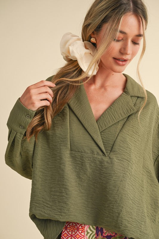 Collared Drop Shoulder Top Olive